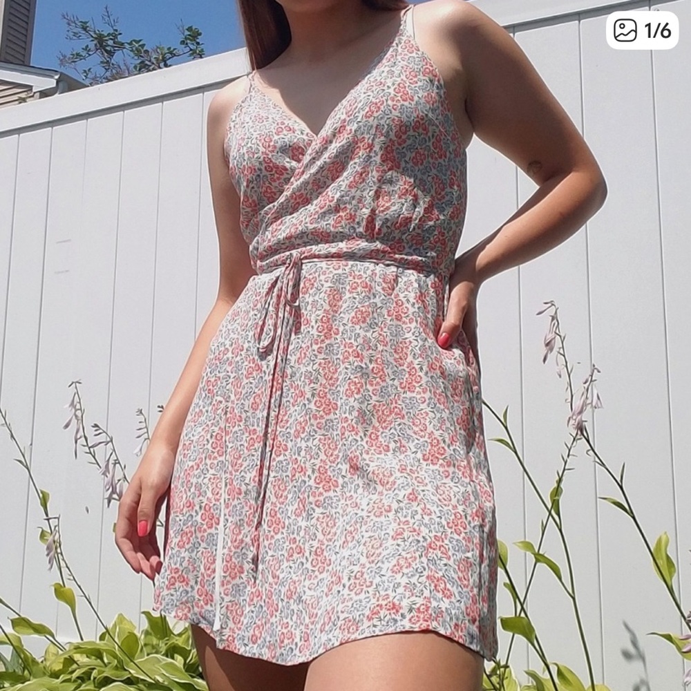 Reformation Pink and Green Floral Wrap Mini Dress